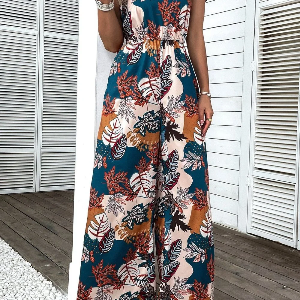 New Tropical Print Shirred Wide Leg Cami Jumpsuit Handmade - Picture 6 of 6